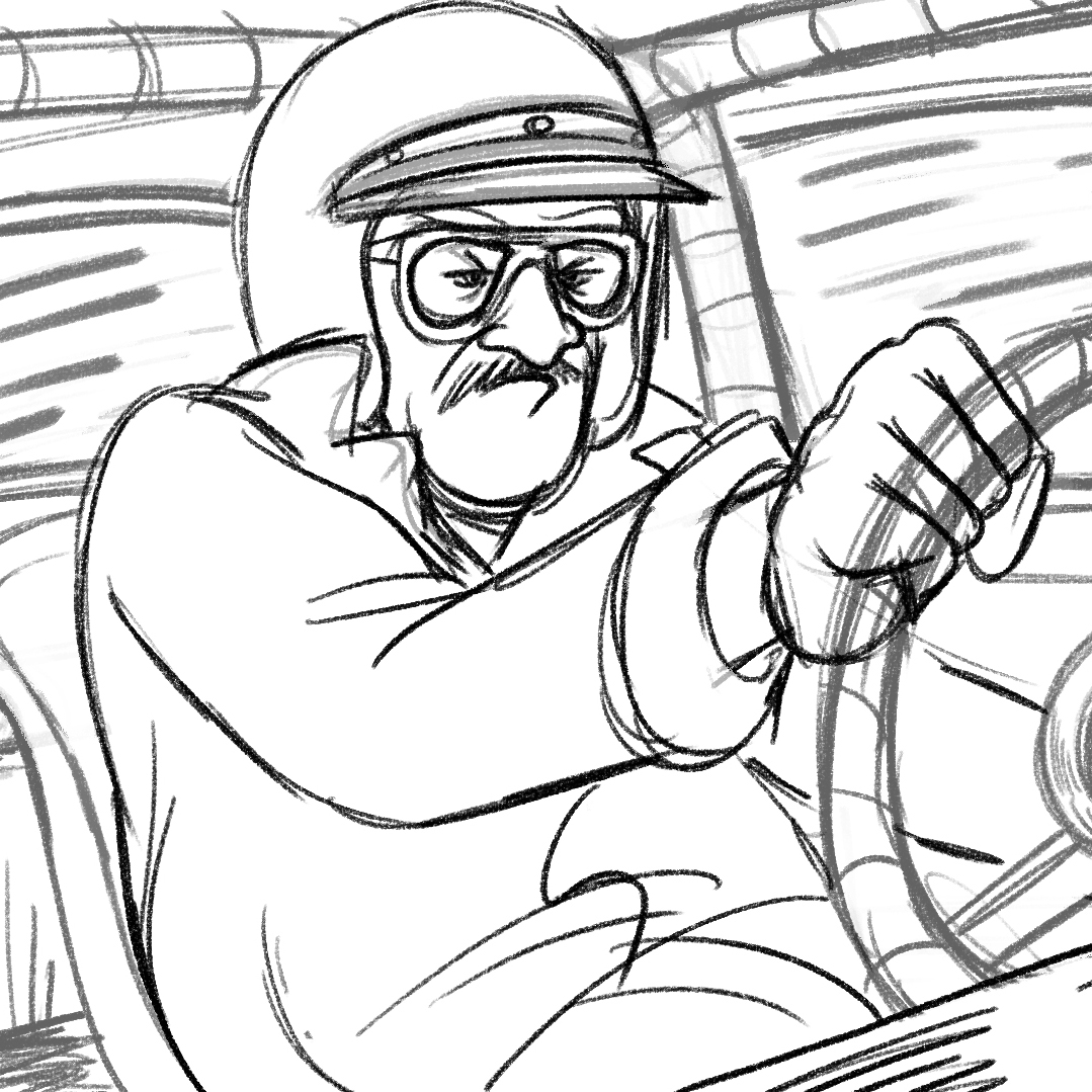 Black-and-white horizontal drawing of Wendell Scott wearing a helmet and race car uniform, driving a race car, glaring ahead as he grips the wheel.