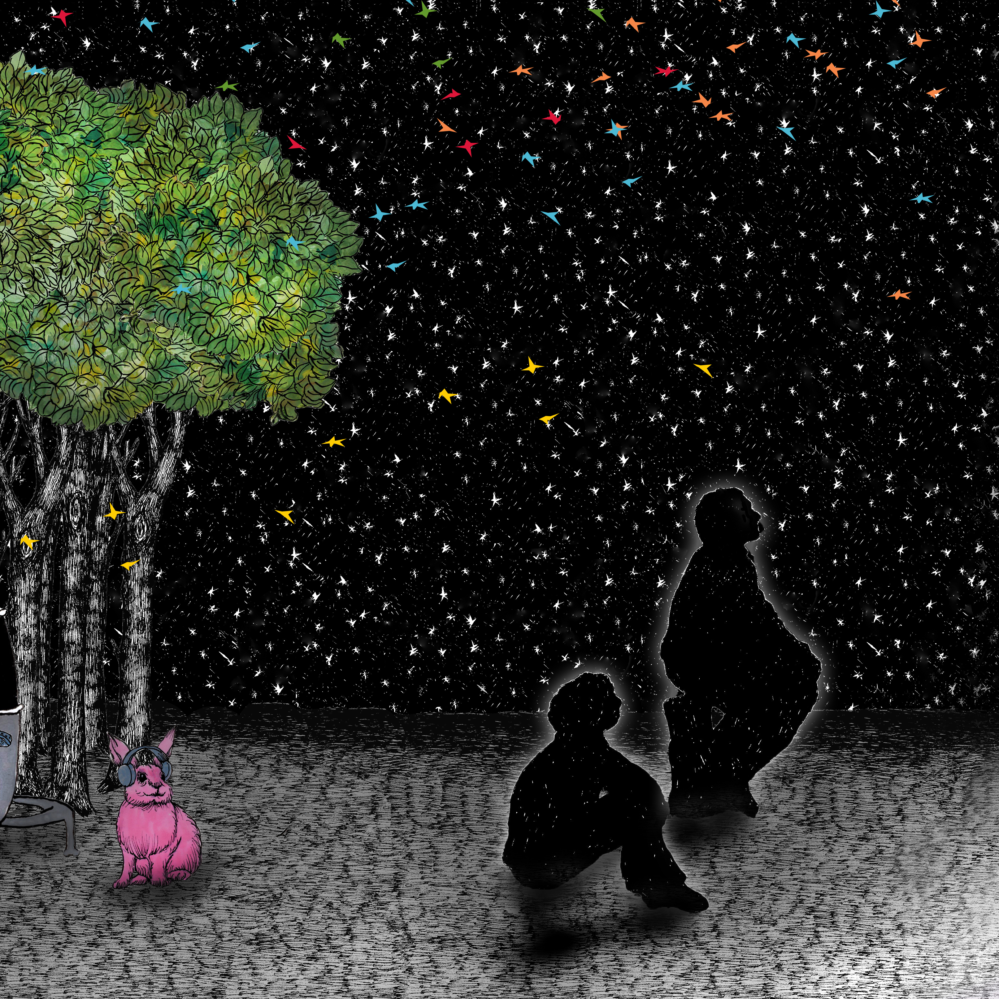 Drawing of two people in silhouette in front of a forest, looking out at the stars. Behind them in the forest is a pink bunny wearing headphones.
